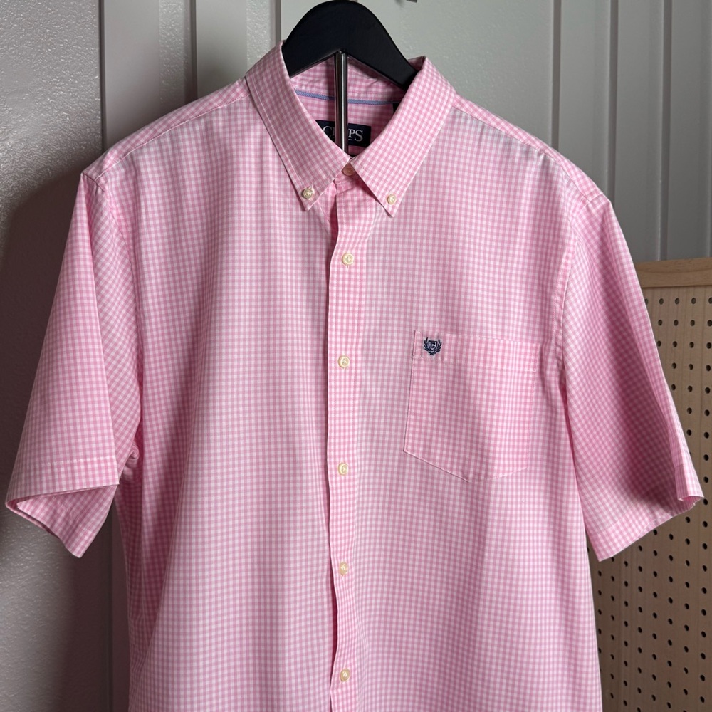 Chaps Pink Gingham Button Down Shirt XL Short Sleeve Easy Care - Picture 2 of 10